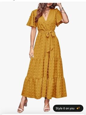 Summer Swiss Dot Maxi Dress with Tie Waist - Mustard